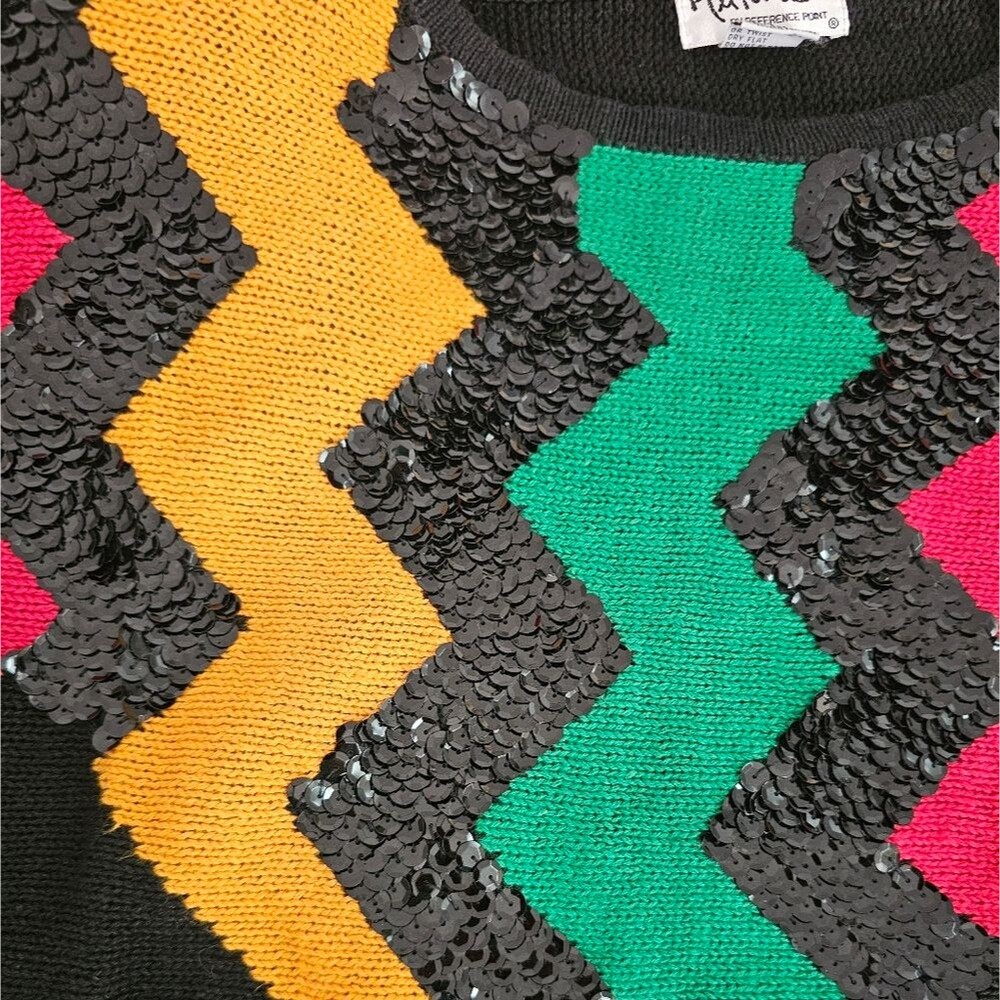 Vintage 80s Sequin Zigzag Sweater Women’s L Color… - image 7